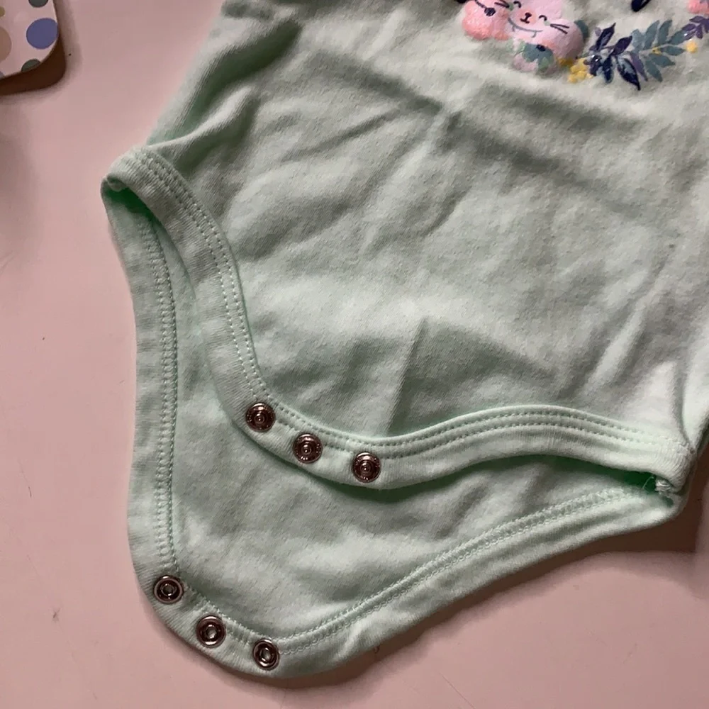 Easter 6 months Infant girl three piece set Ruffle bodysuit shoes slippers